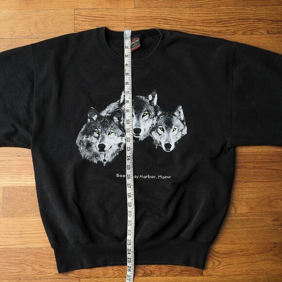Vintage 90s Cross Creek Wolf Sweatshirt USA Boothbay Maine Black Size L Outdoors - Picture 6 of 8